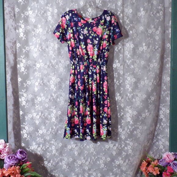 Vintage 80s Dress 1980s Navy Blue Floral Pretty Boho Quirky Twee Size Medium P - Picture 1 of 5